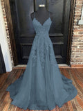 A-line V Neck Spaghetti Straps Sweep Train Tulle Prom Dress With Appliqued - dennisdresses