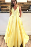 A Line V Neck Yellow Satin Long Prom Dresses with Pocket, Long V Neck Yellow Formal Evening Dresses