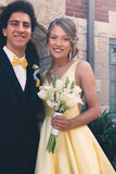 A Line V Neck Yellow Satin Long Prom Dresses with Pocket, Long V Neck Yellow Formal Evening Dresses - dennisdresses