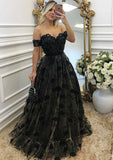 A-line/Princess Off-the-Shoulder Sleeveless Long/Floor-Length Lace Prom Dress With Appliqued