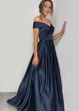 A-line/Princess Off-the-Shoulder Sleeveless Sweep Train Charmeuse Prom Dress With Pleated - dennisdresses