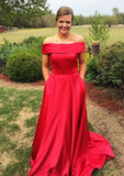 A-line/Princess Off-the-Shoulder Sleeveless Sweep Train Satin Prom Dress - dennisdresses