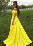 A-line/Princess Off-the-Shoulder Sleeveless Sweep Train Satin Prom Dress With Low Back - dennisdresses