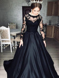 A-Line/Princess Satin Lace Bateau Long Sleeves Sweep/Brush Train Wedding Dresses - dennisdresses