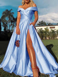 A-Line/Princess Satin Ruffles Off-the-Shoulder Sleeveless Sweep/Brush Train Dresses