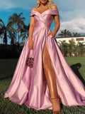 A-Line/Princess Satin Ruffles Off-the-Shoulder Sleeveless Sweep/Brush Train Dresses - dennisdresses