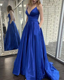 A-Line/Princess Satin Ruffles V-neck Sleeveless Sweep/Brush Train Dresses - dennisdresses