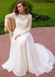 A-line/Princess Scalloped Neck Full/Long Sleeve Long/Floor-Length Chiffon Wedding Dress With Lace Sashes - dennisdresses