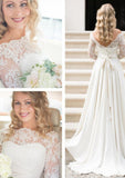 A-line/Princess Scalloped Neck Full/Long Sleeve Sweep Train Elastic Satin Wedding Dress With Lace Sashes - dennisdresses