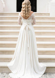 A-line/Princess Scalloped Neck Full/Long Sleeve Sweep Train Elastic Satin Wedding Dress With Lace Sashes