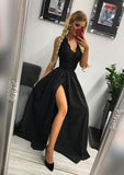 A-line/Princess Scalloped Neck Sleeveless Long/Floor-Length Elastic Satin Prom Dress With Lace Split - dennisdresses