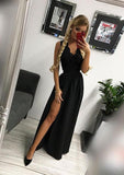 A-line/Princess Scalloped Neck Sleeveless Long/Floor-Length Elastic Satin Prom Dress With Lace Split - dennisdresses