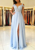 A-line/Princess Scalloped Neck Sleeveless Sweep Train Chiffon Prom Dress With Split Appliqued - dennisdresses