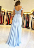 A-line/Princess Scalloped Neck Sleeveless Sweep Train Chiffon Prom Dress With Split Appliqued - dennisdresses