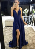 A-line/Princess Scalloped Neck Sleeveless Sweep Train Satin Prom Dress With Split