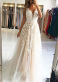 A-line/Princess Scalloped Neck Sleeveless Sweep Train Tulle Prom Dress With Beading Appliqued - dennisdresses