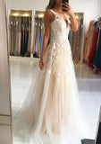 A-line/Princess Scalloped Neck Sleeveless Sweep Train Tulle Prom Dress With Beading Appliqued - dennisdresses