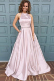 Women's Halter A-line Beaded Satin Evening Prom Dress Long Formal Gown with Pockets