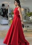 A-line/Princess Scoop Neck Sleeveless Sweep Train Satin Prom Dress With Bowknot - dennisdresses