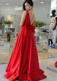 A-line/Princess Scoop Neck Sleeveless Sweep Train Satin Prom Dress With Bowknot - dennisdresses