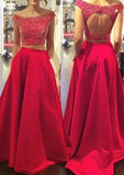 A-Line/Princess Sleeveless Bateau Sweep Train Satin Prom Dress With Beaded - dennisdresses