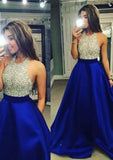 A-Line/Princess Sleeveless Halter Long/Floor-Length Satin Prom Dress With Beaded Lace - dennisdresses