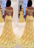 A-Line/Princess Sleeveless Off-The-Shoulder Sweep Train Lace Prom Dress With Appliqued - dennisdresses