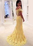 A-Line/Princess Sleeveless Off-The-Shoulder Sweep Train Lace Prom Dress With Appliqued - dennisdresses