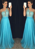 A-Line/Princess Sleeveless One-Shoulder Long/Floor-Length Chiffon Prom Dress With Appliqued Beaded