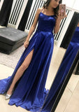 A-line/Princess Square Neckline Sleeveless Sweep Train Charmeuse Prom Dress With Split - dennisdresses