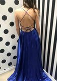 A-line/Princess Square Neckline Sleeveless Sweep Train Charmeuse Prom Dress With Split - dennisdresses