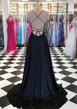 A-line/Princess Square Neckline Sleeveless Sweep Train Charmeuse Prom Dress With Split - dennisdresses