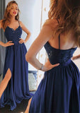 A-line/Princess Sweetheart Sleeveless Long/Floor-Length Charmeuse Prom Dress With Split Lace - dennisdresses