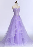 A-line/Princess Sweetheart Sleeveless Sweep Train Tulle Prom Dress With Beading Appliqued - dennisdresses