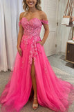 A-Line/Princess Tulle Applique Off-the-Shoulder Sleeveless Court Train Dresses