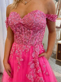 A-Line/Princess Tulle Applique Off-the-Shoulder Sleeveless Court Train Dresses - dennisdresses