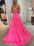 A-Line/Princess Tulle Applique Off-the-Shoulder Sleeveless Court Train Dresses - dennisdresses