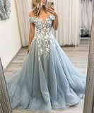 A-Line/Princess Tulle Applique Off-the-Shoulder Sleeveless Sweep/Brush Train Dresses - dennisdresses