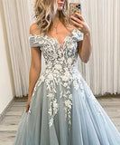 A-Line/Princess Tulle Applique Off-the-Shoulder Sleeveless Sweep/Brush Train Dresses - dennisdresses