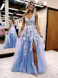 A-Line/Princess Tulle Applique V-neck Sleeveless Sweep/Brush Train Dresses - dennisdresses