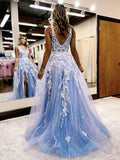 A-Line/Princess Tulle Applique V-neck Sleeveless Sweep/Brush Train Dresses - dennisdresses