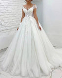 A-Line/Princess Tulle Lace Scoop Short Sleeves Sweep/Brush Train Wedding Dresses - dennisdresses