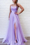 A-Line/Princess Tulle Lace Spaghetti Straps Sleeveless Sweep/Brush Train Dresses