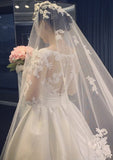 A-line/Princess V Neck Full/Long Sleeve Chapel Train Satin Wedding Dress With Appliqued - dennisdresses