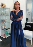 A-line/Princess V Neck Full/Long Sleeve Long/Floor-Length Charmeuse Prom Dress With Split Beading Appliqued - dennisdresses