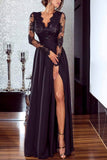 A-line/Princess V Neck Full/Long Sleeve Long/Floor-Length Chiffon Prom Dresses With Split Lace - dennisdresses