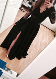 A-line/Princess V Neck Full/Long Sleeve Long/Floor-Length Chiffon Prom Dresses With Split Lace - dennisdresses