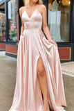 A-line/Princess V Neck Long/Floor-Length Charmeuse Prom Dress With Split