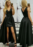 A-line/Princess V Neck Sleeveless Asymmetrical Satin Prom Dress With Pleated - dennisdresses