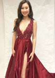 A-line/Princess V Neck Sleeveless Chapel Train Charmeuse Prom Dress With Split Lace - dennisdresses